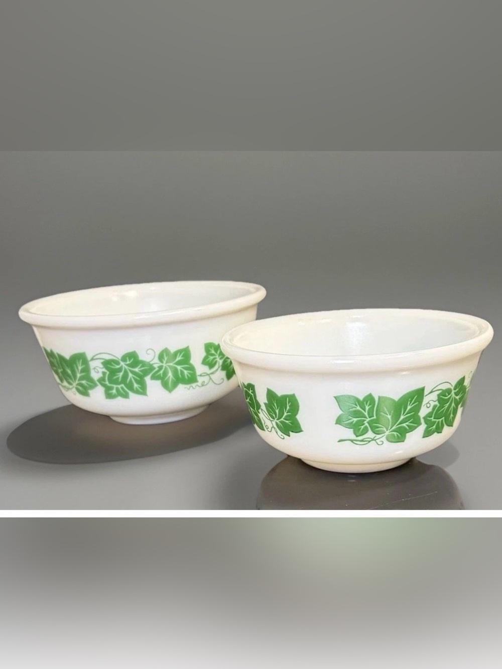 Vintage Hazel Atlas Milk Glass Green Ivy Mixing Bowls 6" & 7" Nesting Set Of Two
